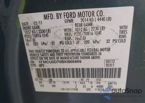 2011 Ford Escape Xlt z USA, uszkodzony, nr VIN 1FMCU0D70BKB66899